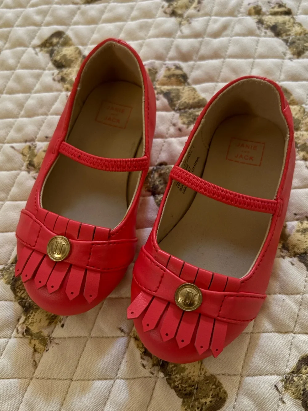 Janie and Jack Red Fringe Mary Jane Flats with Gold Buttons NWOT🌵5